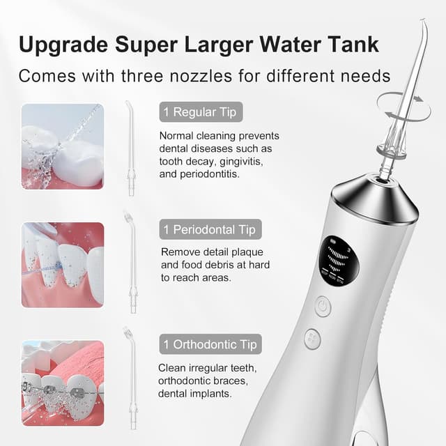 Detalle de BUZHIWU Water Flosser for Teeth Cordless (300ml) – Portable Oral Irrigator with Screen Display, 3 Intensity Modes & Tips