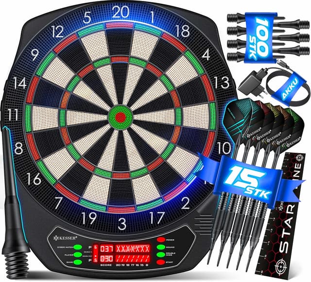 Detalle de KESSER Elektronische Dartscheibe Profi Set – E Dartboard mit 15 Pfeilen, LED-Anzeige & Komplett-Zubehör