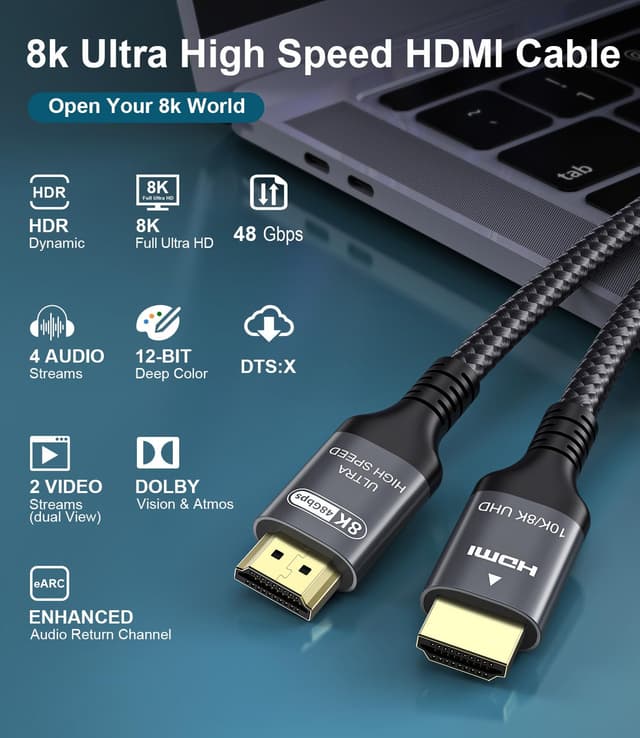 Thumbnail 6 de Adauxter Certificato HDMI 2.1 10K/8K 48Gbps cavo HDMI 2.1 da 3 m (Ethernet, 4K 240Hz, ARC/eARC, HDCP 2.3)