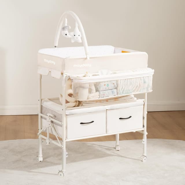 Detalle de Maydolly Fasciatoio portatile e pieghevole per neonato con altezza regolabile e materassino impermeabile – Beige