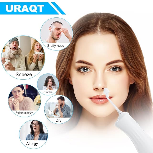 Detalle de URAQT Elektrische Nasendusche (Neti Pot) für Erwachsene & Kinder inkl. 4 Ersatzköpfe und 40 Nasenspülsalz