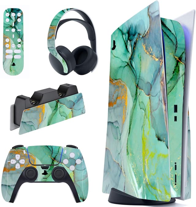 Detalle de playvital Turquoise Marble Effect Full Set Skin Decal for PS5 Disc Edition (console, controller & accessories)