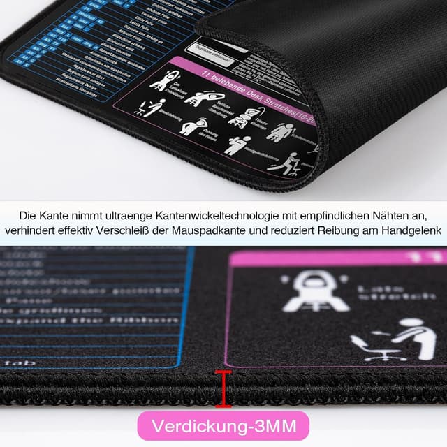 Detalle de Gaming-Mauspad 300x250x3 mm mit Office-Shortcuts (Excel/Word/PPT) – kleine Schreibtischunterlage für PC, Büro & Studium