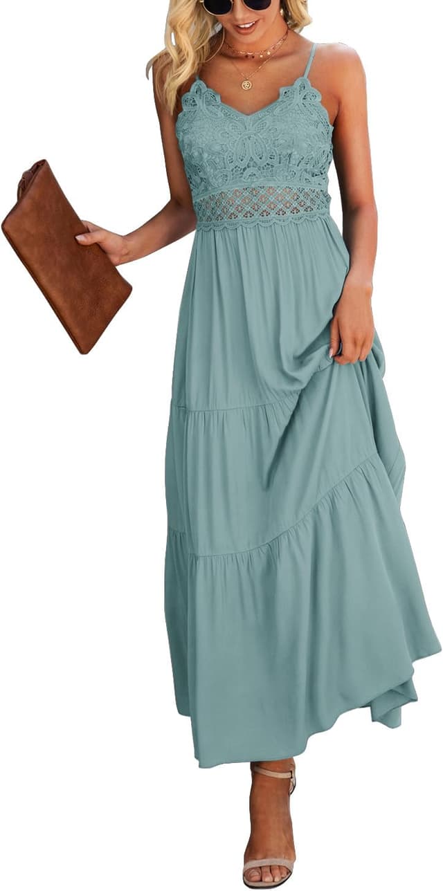 Detalle de Dokuritu Women’s Beach Crochet Lace Maxi Dress (Solid Color) Spaghetti Strap Long Dress