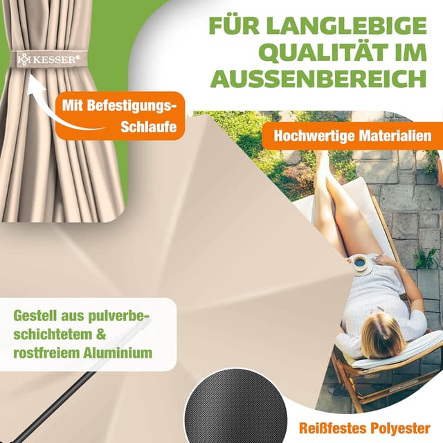 Detalle de KESSER® Sonnenschirm Ø 300 cm – Ampelschirm mit Kurbel, 360° Funktion und Schutzhülle in Beige
