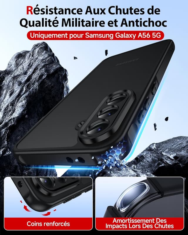 Detalle de LeYi Coque pour Samsung Galaxy A56 / A56 5G avec 2 verres trempés 9H, protection caméra et écran, TPU/PC finition mate anti-traces – Noir
