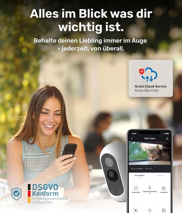 Detalle 2 de PetTec Cam Free Outdoor WLAN-Hundekamera – wetterfest, 3MP, 2-Wege-Audio & bis zu 9 Monate Akkulaufzeit
