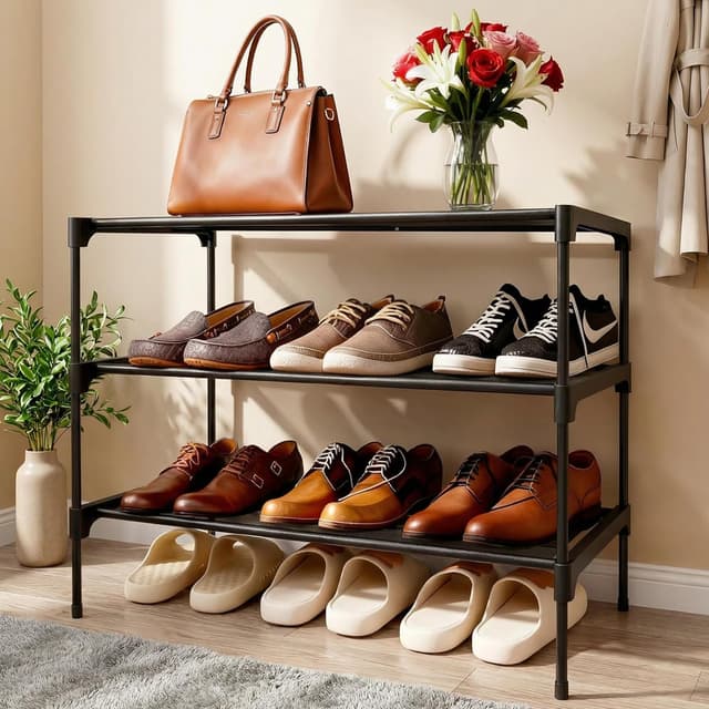 Detalle de LINKINNO scarpiera a 3 ripiani impilabile in metallo, per 9 paia di scarpe (70 x 30 x 45 cm) color nero