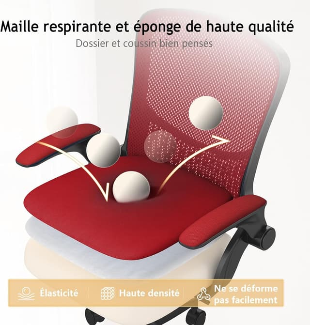 Thumbnail 6 de Naspaluro chaise de bureau ergonomique avec accoudoirs rabattables à 90°, soutien lombaire et assise pivotante 360° (rouge sombre)