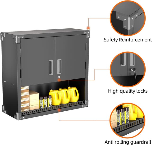 Detalle de SUPEER Hängeschrank Metall Werkzeugschrank mit verstellbarem Fachboden, 2 Türen und Schublade (abschließbar) – H77×B80×D30 cm, Schwarz