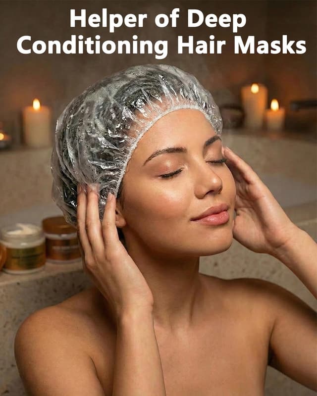 Detalle 2 de Aquior Disposable Shower Cap (100 Pack) — Thick Clear Waterproof Bath Caps with Elastic