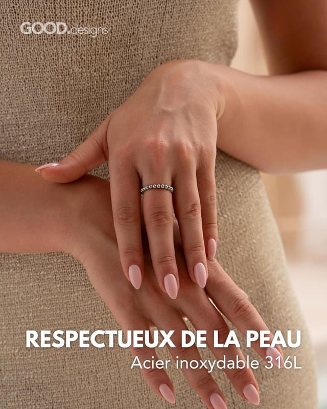 Detalle 2 de GD GOOD.designs EST. 2015 Anneau antistress en acier inoxydable à perles élastiques – perles 3 mm, taille 54-60