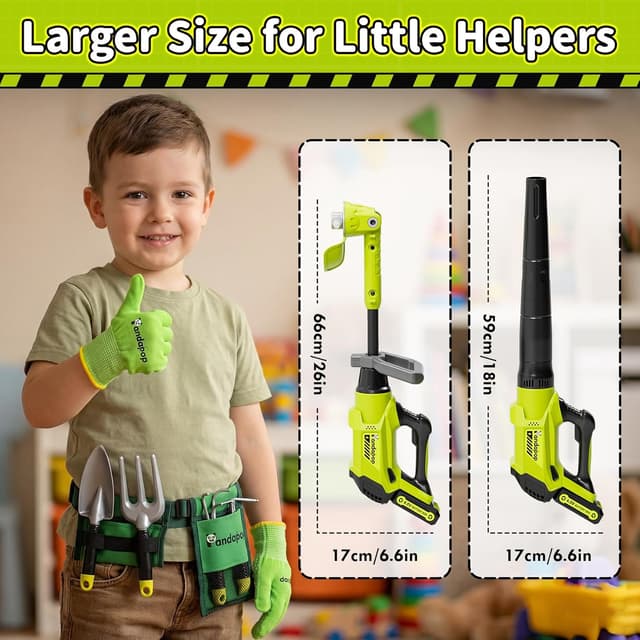 Detalle 2 de Pandapop 2-in-1 Werkzeug-Set für Kinder ab 3 Jahren: Rasenmäher & Laubbläser mit Lichteffekt