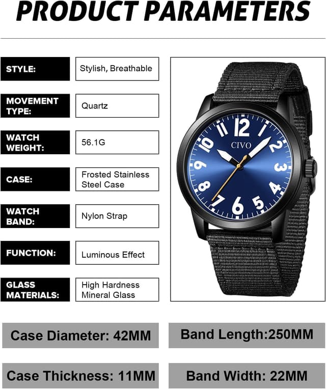 Detalle de CIVO Herren Analog-Uhr mit gut lesbarem Ziffernblatt, 42 mm, wasserdicht (3ATM) – leicht & bequemes Nylonband