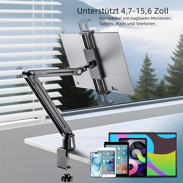 Detalle de Feising Aluminium Tablet-Halterung mit Schwenkarm (360°) für iPad & Galaxy – bis 15,6 Zoll