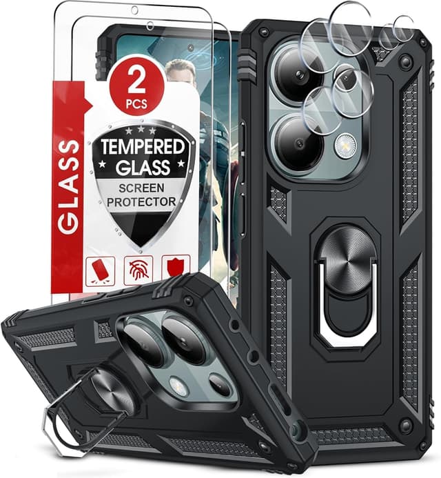Detalle de LeYi Handyhülle für Xiaomi Redmi Note 13 Pro 4G mit Ringhalter, 2 Schutzgläsern & 2 Kamera-Folien (schwarz)