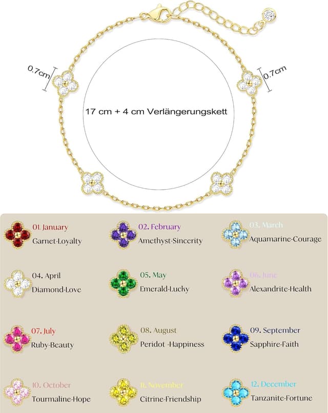 Detalle de ZHESHY Armband Damen Gold (14 Karat vergoldet) mit Kleeblatt & Zirkonia – verstellbare Armkette wasserfest