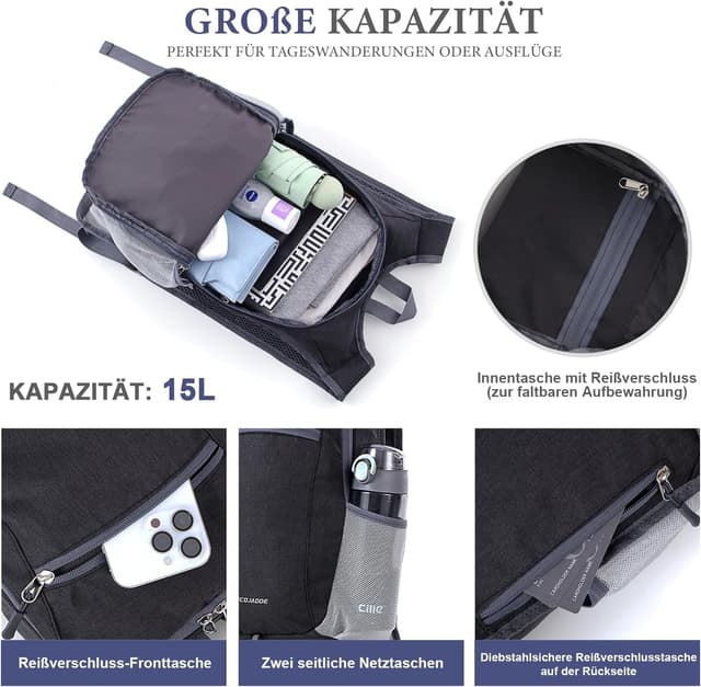Detalle de BECOJADDE 15L faltbarer Rucksack – leichter Tagesrucksack für Wandern, Reisen und Alltag (wasserabweisend) in Schwarz