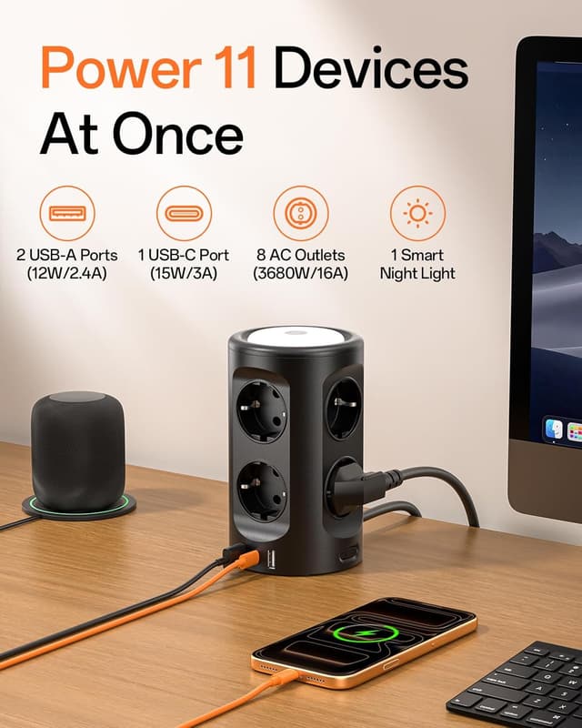 Detalle de Tour multiprise USB 11 en 1 : 8 prises Schuko + 3 USB, 2 m avec veilleuse et protection contre la surtension