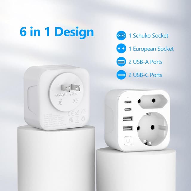Detalle de Adattatore di viaggio internazionale JSVER 6 in 1 con 2 USB-C e 2 USB-A (tipo A) per Giappone, USA, Canada e altro