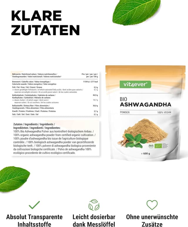 Detalle de vit4ever Bio Ashwagandha Wurzel Pulver (Withania somnifera), 600 g – vegan