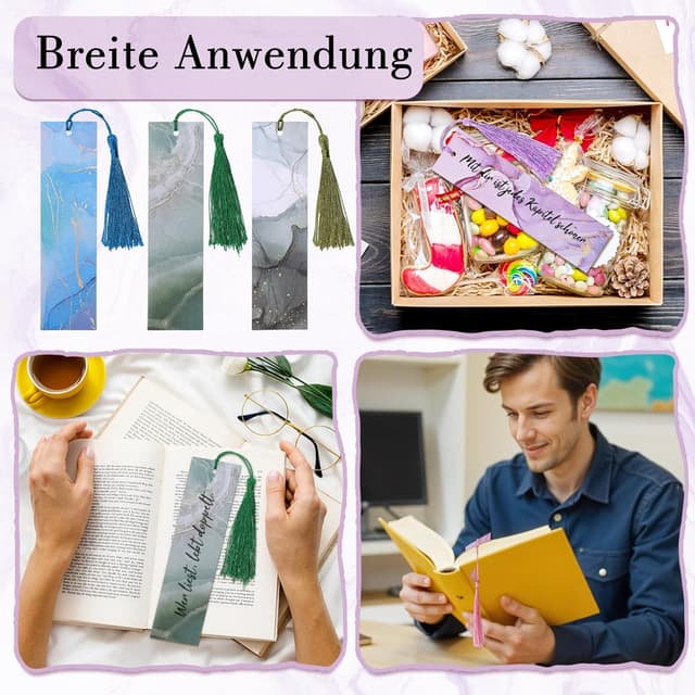 Thumbnail 6 de 24er Lesezeichen-Set mit Marmorierung & Quasten (beschriftbar), 15 x 4 cm – 12 Farben
