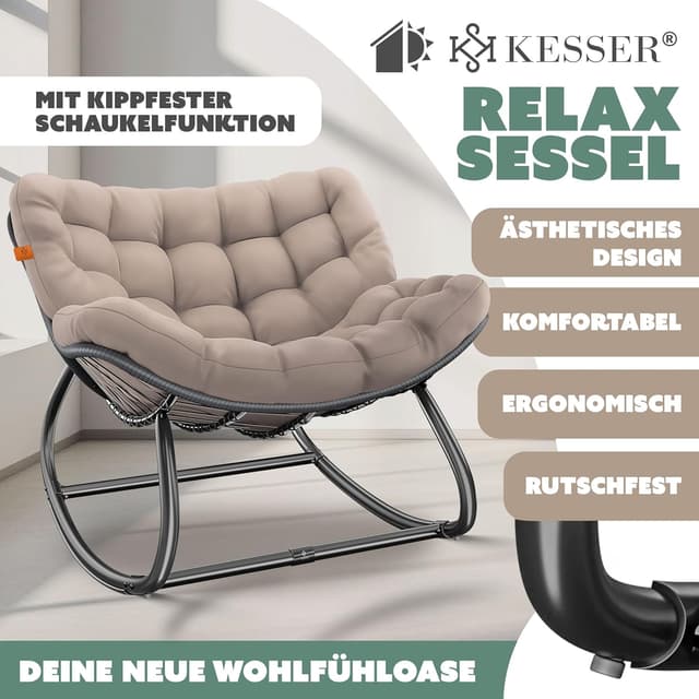 Detalle de KESSER® Schaukelstuhl XXL Outdoor – ergonomischer Schaukelsessel mit Sitzpolster, bis 150 kg, Taupe