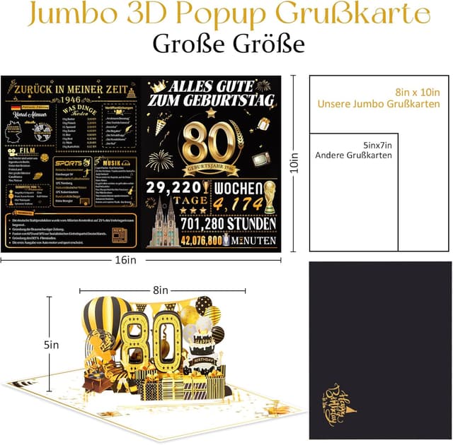 Detalle de Olosong Geburtstagskarte zum 80. Geburtstag – 3D Pop-up Karte „80“ mit Umschlag