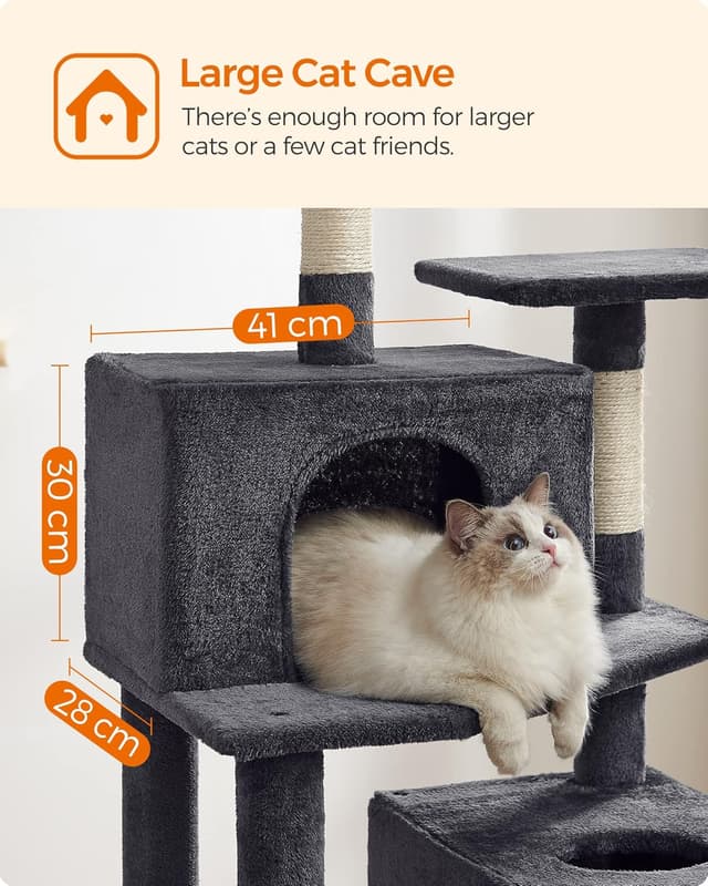 Detalle de Feandrea Arbre à chat 191 cm PCT191G01 : tour de jeux gris foncé avec hamac et 5 poteaux à griffer