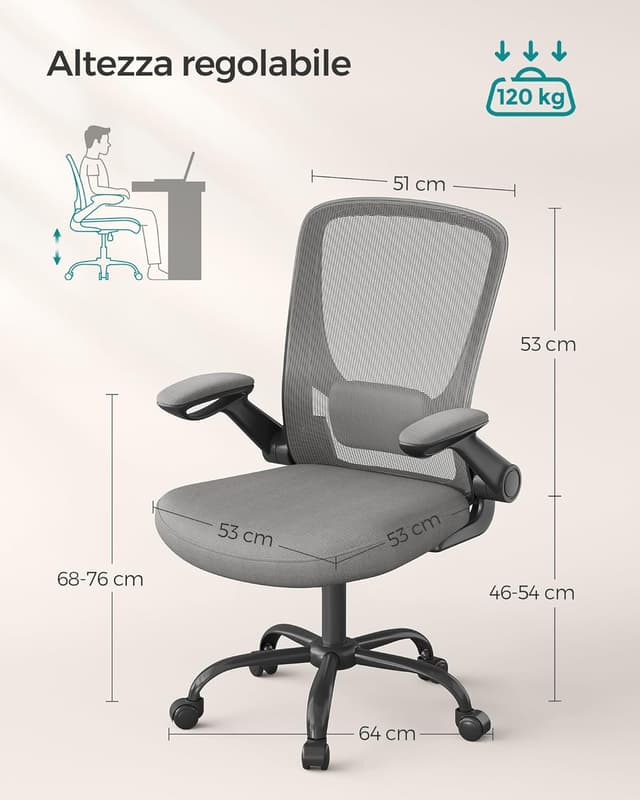 Detalle de Sedia da ufficio SONGMICS OBN037G01 ergonomica con schienale a S, supporto lombare e braccioli pieghevoli