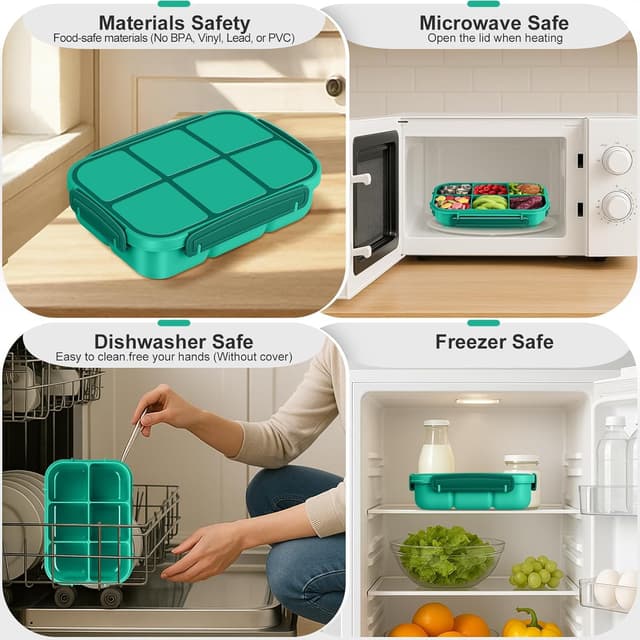 Detalle de Amathley kids bento lunch box with 6 compartments, leakproof divider design and sauce pot (green)