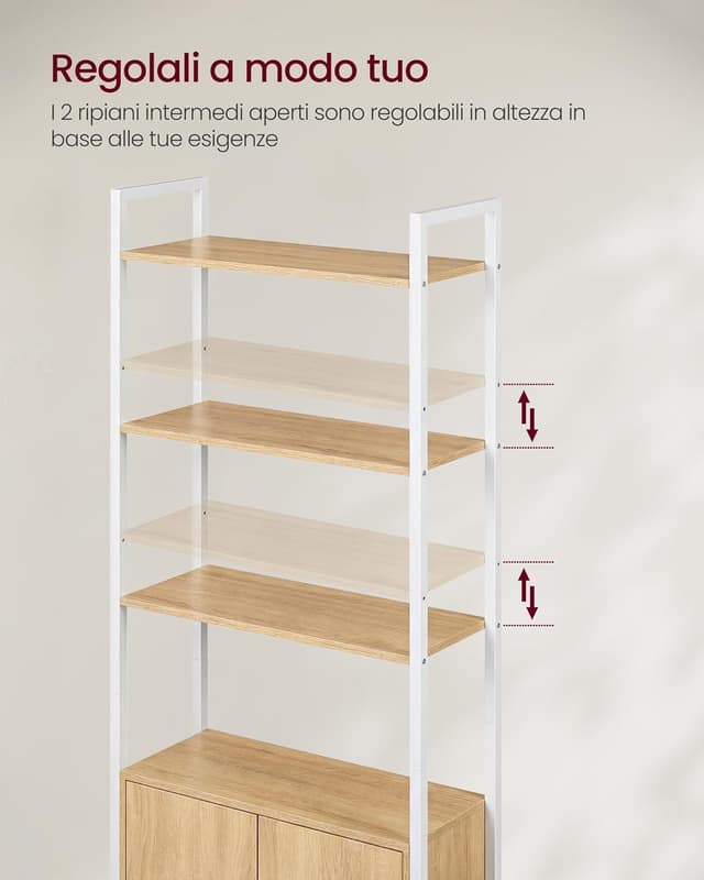 Detalle de VASAGLE LLS133YA01 Libreria verticale a 6 ripiani con anta, struttura in metallo e pannelli Rovere dorato/bianco opaco