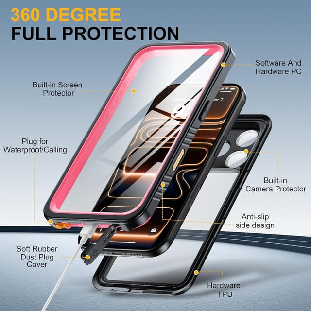 Thumbnail 6 de ANTSHARE iPhone 17 Pro Rugged Case (IP68) with Built-in Screen Protector, 12 FT Drop Rating, Pink/Clear