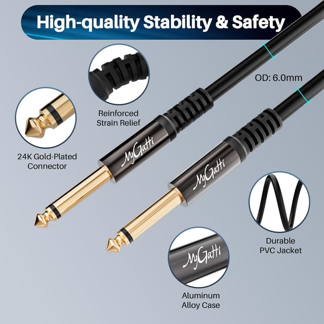 Detalle de Mygatti 6,35-mm Gitarrenkabel TS Mono, 2 m mit 5 Kabelbindern (gerade/gerade)