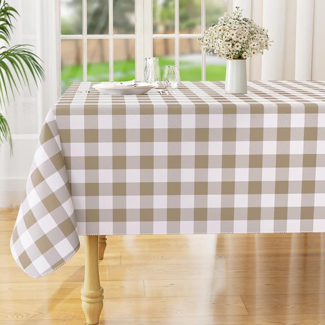 Detalle de misaya Square Waterproof Vinyl Table Cloth (Buffalo Flannel Backed), Wipeable Plastic Table Cover, 60" x 60" — Khaki & White