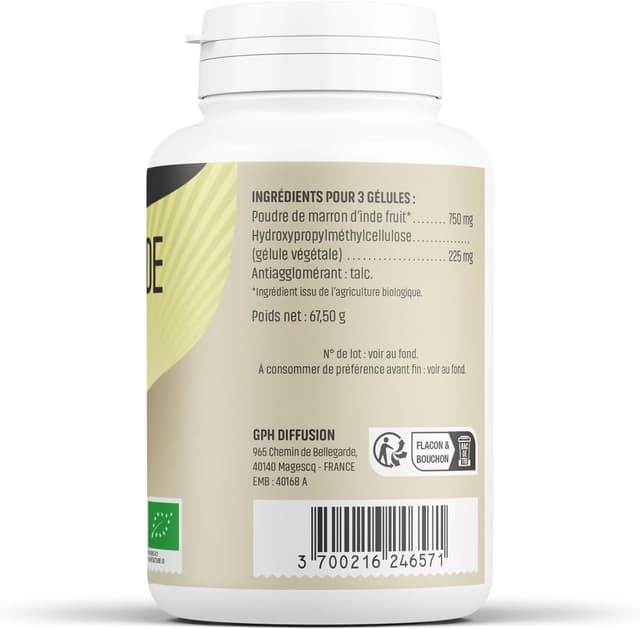 Detalle 1 de Herbes & Plantes Marron d’Inde Bio – 200 gélules végétales