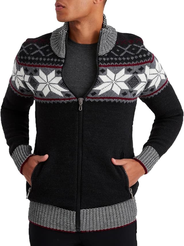 Detalle de Leif Nelson cardigan en tricot zippé pour homme à col montant, style norvégien