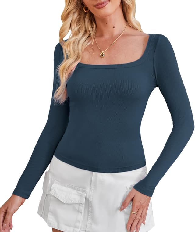 Detalle de DJT Damen Langarm T-Shirt U-Ausschnitt Gestrickt