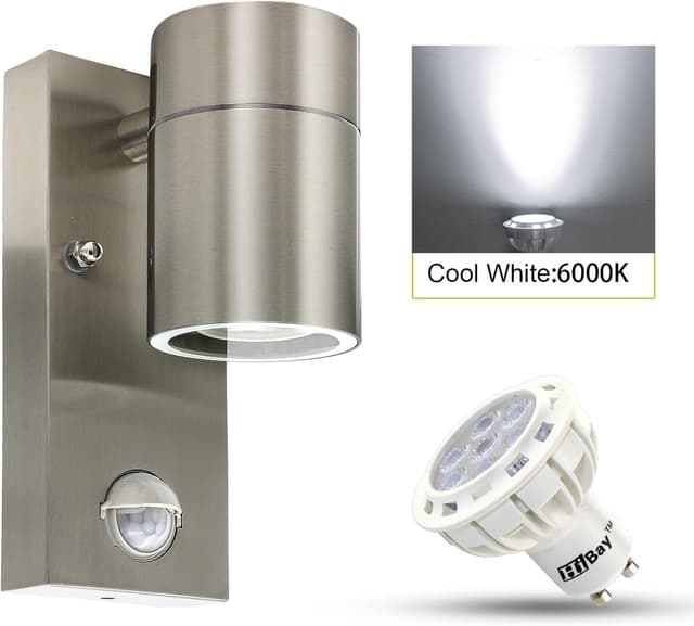 Detalle de HiBay 1x Motion Sensor Outdoor Wall Light (PIR) – IP44 stainless steel security lighting with GU10 LED