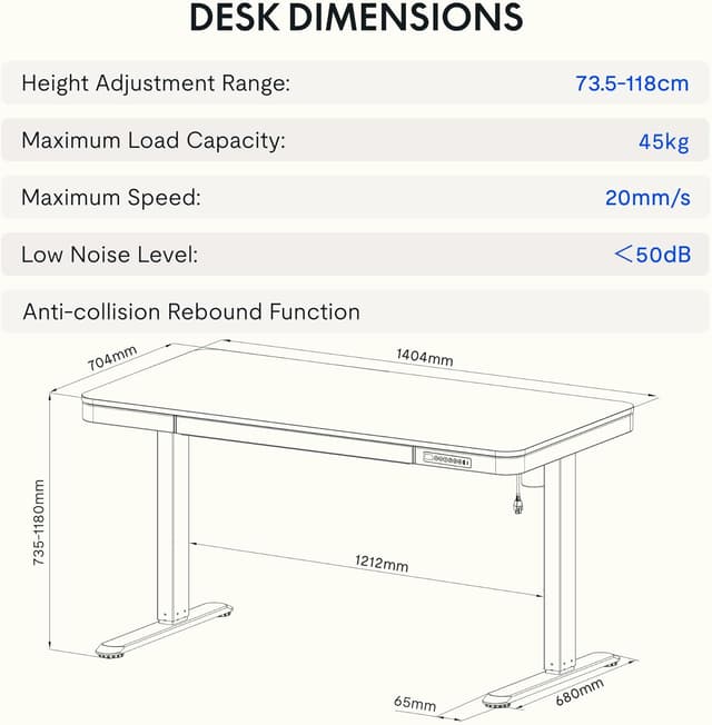 Detalle 2 de FLEXISPOT Q3 Electric Standing Desk (Maple, 140 × 70 cm) with Drawer & USB charging