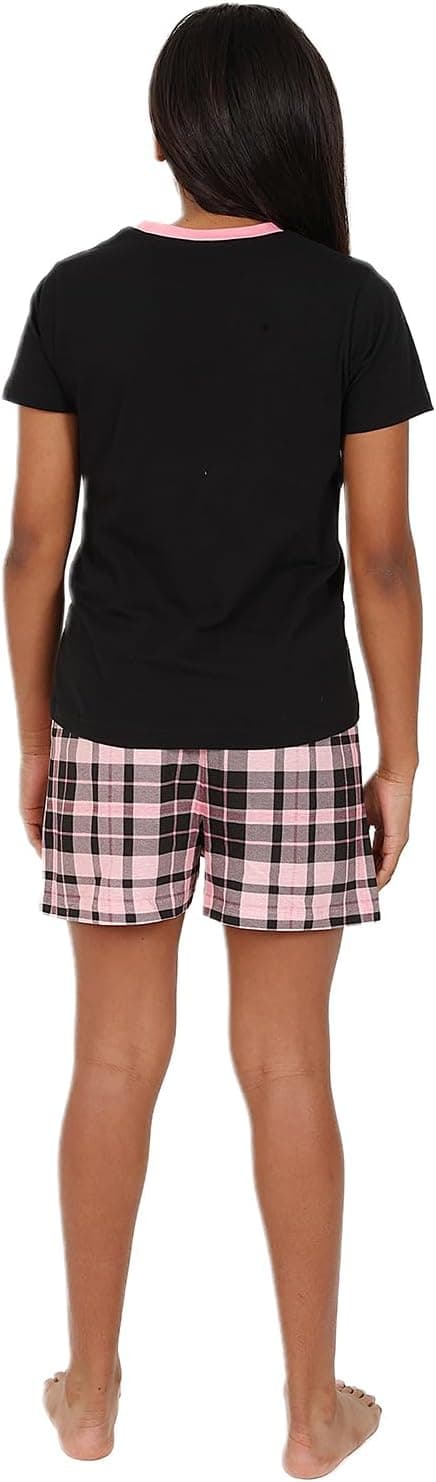 Detalle de ThePyjamaFactory girls black and pink tartan check short pyjama set