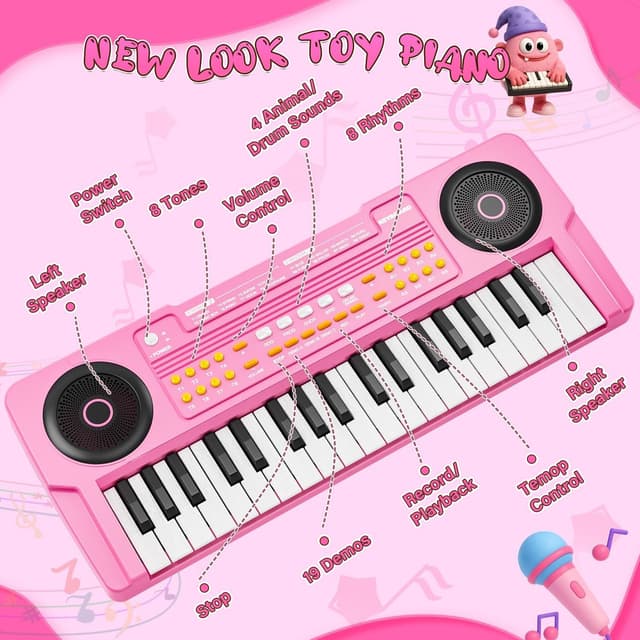 Thumbnail 6 de Upgraded Kids Piano Keyboard (37 Keys) with Mini Microphone, Pink