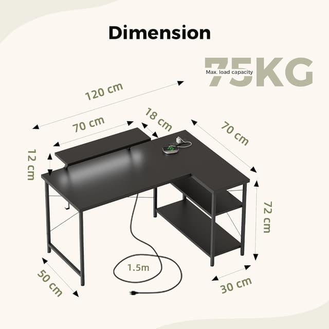 Detalle 2 de Mericonia Small L-Shaped Desk with LED (120x70cm) and Monitor Stand, Black