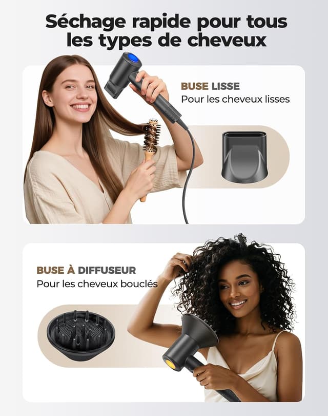 Detalle de Haokoo Sèche-cheveux ionique professionnel 150 000 tr/min – 8 réglages LED, léger et silencieux (noir)