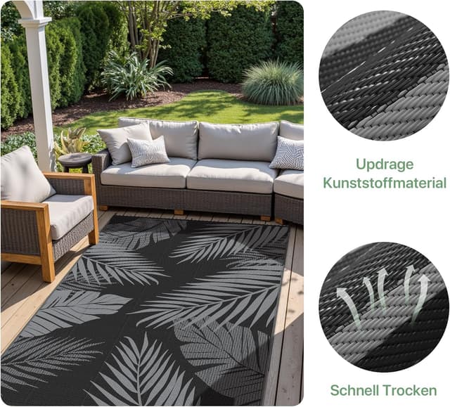 Detalle de GENIMO Outdoor-Teppich Wetterfest 240 x 300 cm (Schwarz/Grau) – Balkon- und Terrassen-Teppich mit botanischem Blattmuster