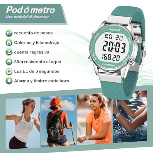 Detalle de Reloj podómetro Hearkent para Mujer 2401 (Verde): pasos, calorías y distancia sin carga ni app