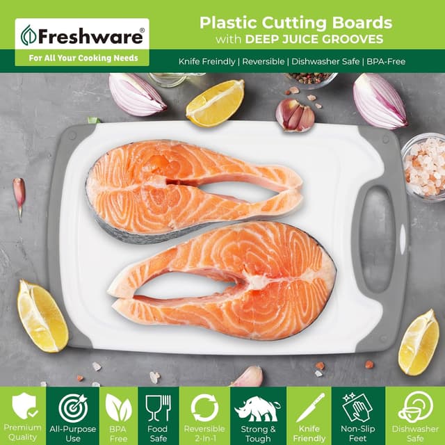 Detalle de Freshware Kitchen Cutting Boards (3-Pack) with Juice Grooves, Non Slip Handles, Reversible & Dishwasher Safe (Gray)