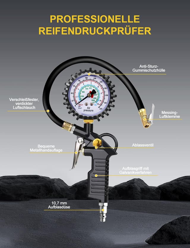 Thumbnail 6 de BURNNOVE Reifenfüller Digitaler Reifendruckprüfer 220PSI Multifunktional Luftdruckprüfer mit mehrere Ersatzteile Reifenfüll-Messgerät für Autos Motorräder Geländefahrzeuge und Fahrräder
BURNNOVE Reifenfüller Digitaler Reifendruckprüfe…
