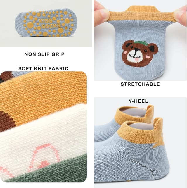 Detalle 2 de Exemaba Baby non-slip grips ankle socks (5 pairs) for toddlers – cartoon anti-skid for boys & girls