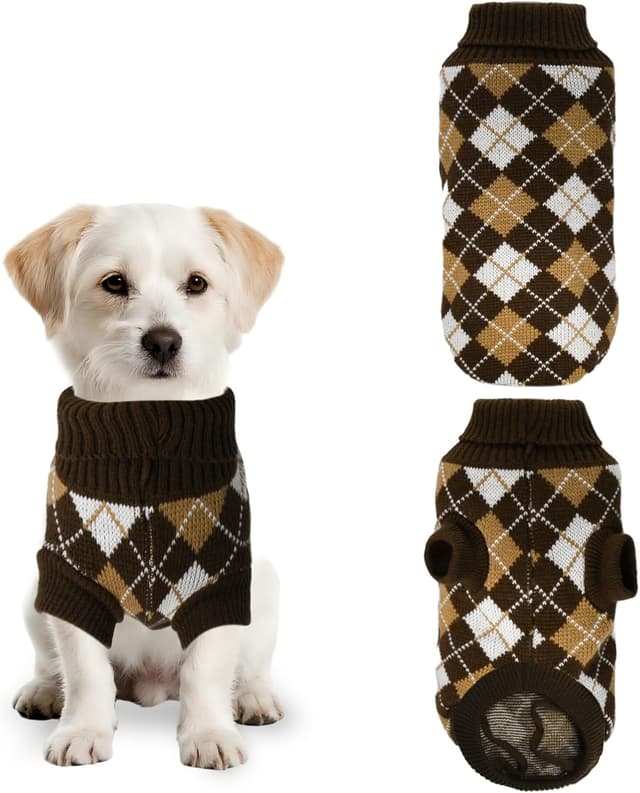 Detalle de PawSailor Knitted Dog Jumper Turtleneck Plaid Pullover (Acrylic) – Winter Warm Coat for Medium Dogs, Brown XL